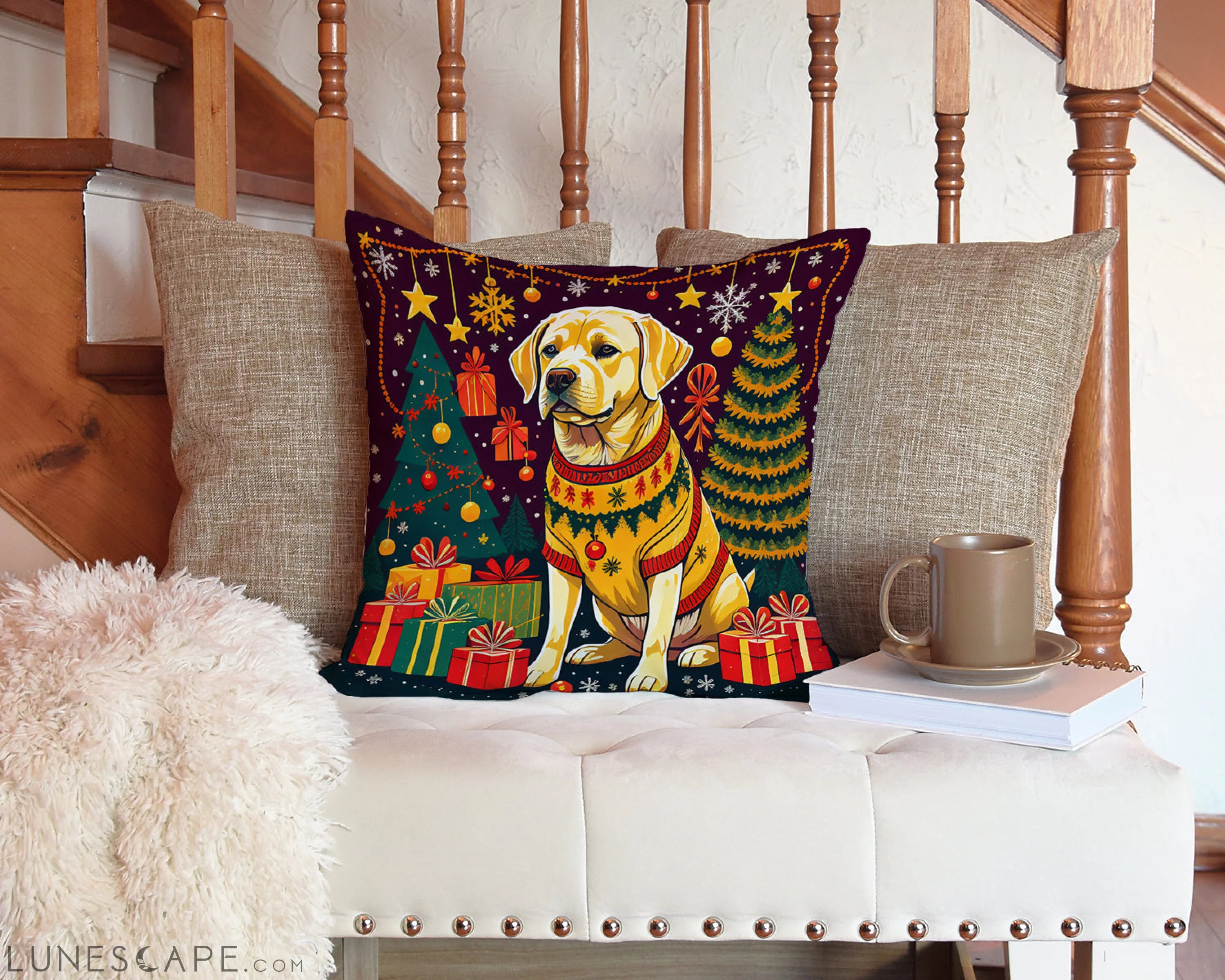 Yellow Labrador Retriever Christmas Throw Pillow LUNESCAPE