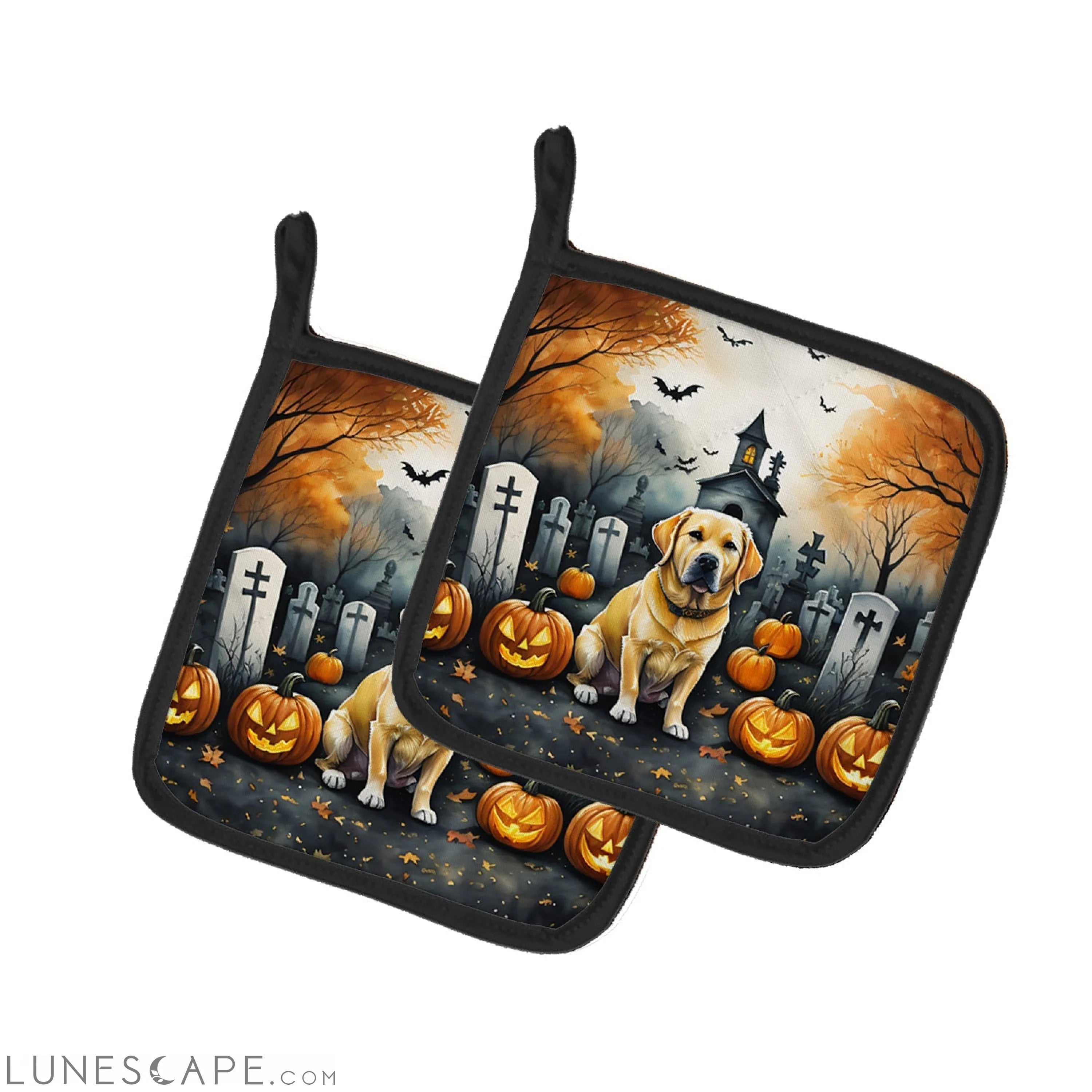 Yellow Labrador Retriever Spooky Halloween Pair of Pot Holders LUNESCAPE