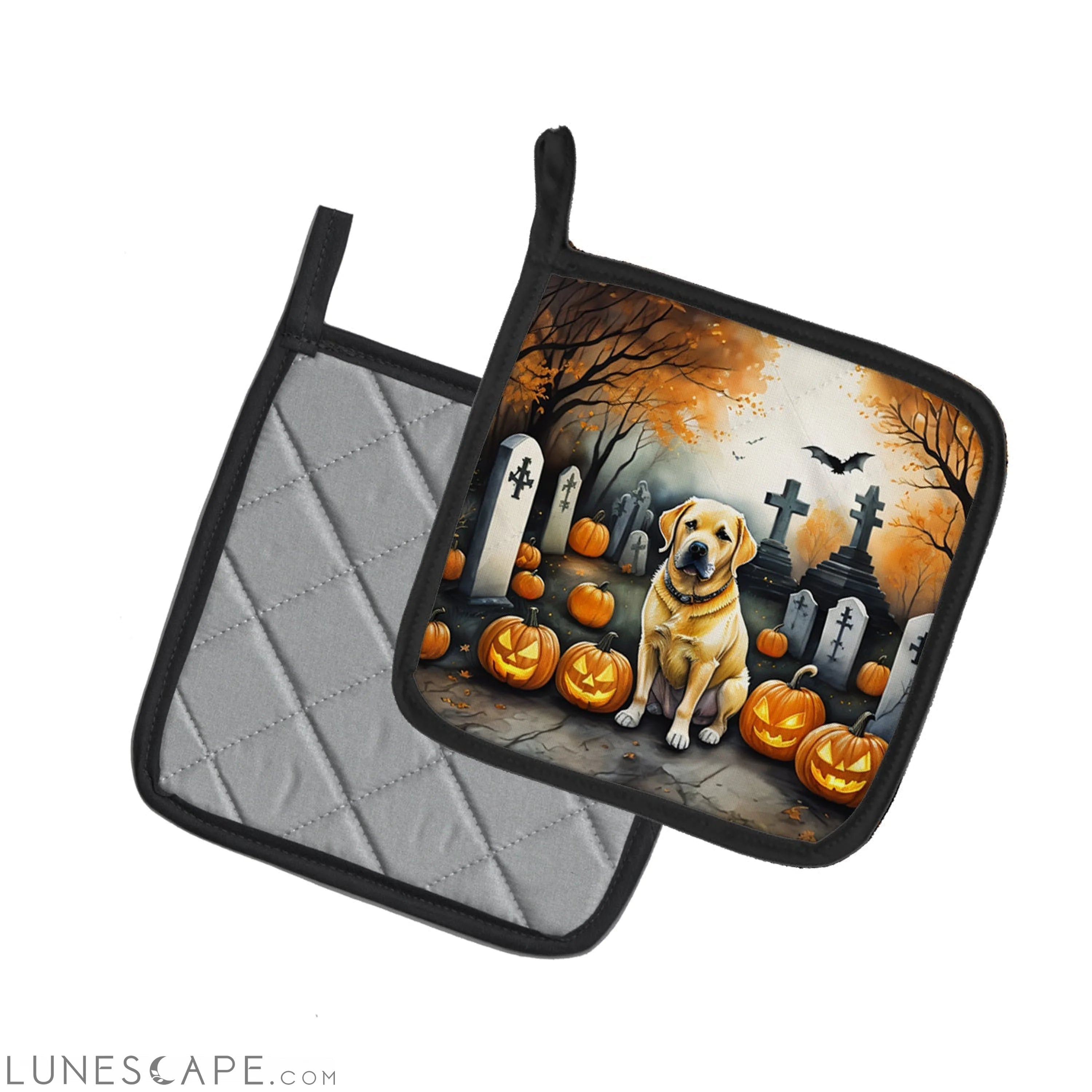 Yellow Labrador Retriever Spooky Halloween Pair of Pot Holders LUNESCAPE