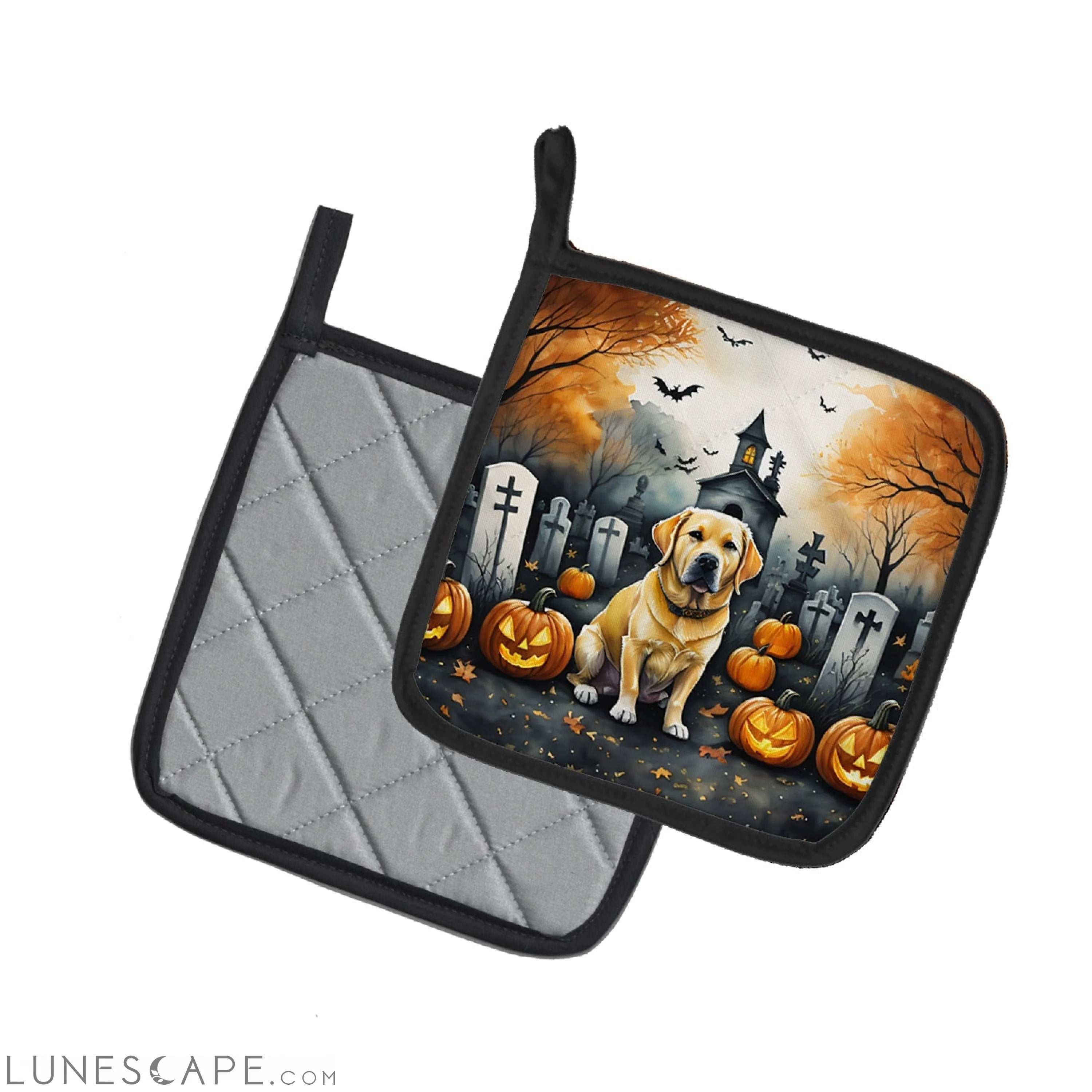 Yellow Labrador Retriever Spooky Halloween Pair of Pot Holders LUNESCAPE