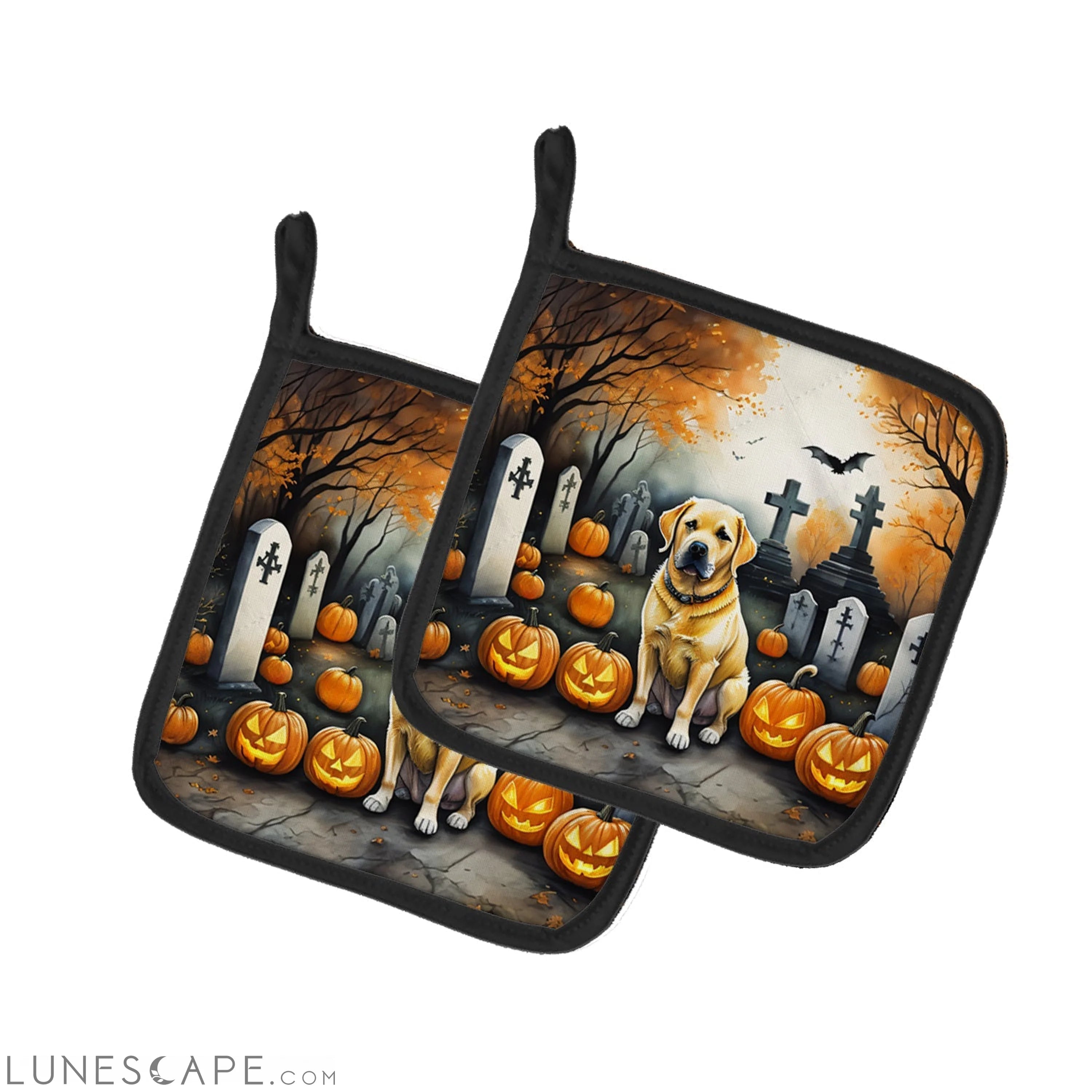 Yellow Labrador Retriever Spooky Halloween Pair of Pot Holders LUNESCAPE