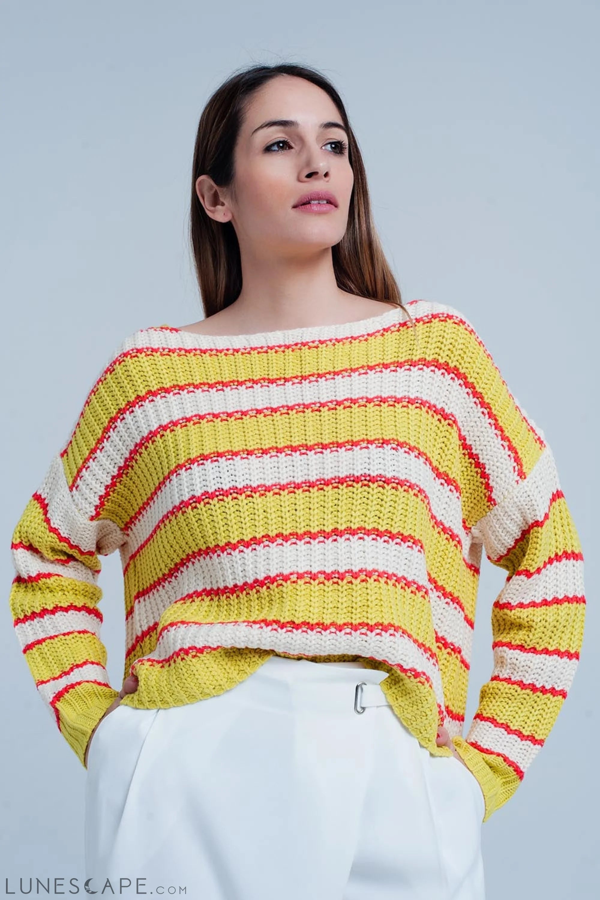 Yellow Striped Rib Stitch Knitted Sweater LUNESCAPE