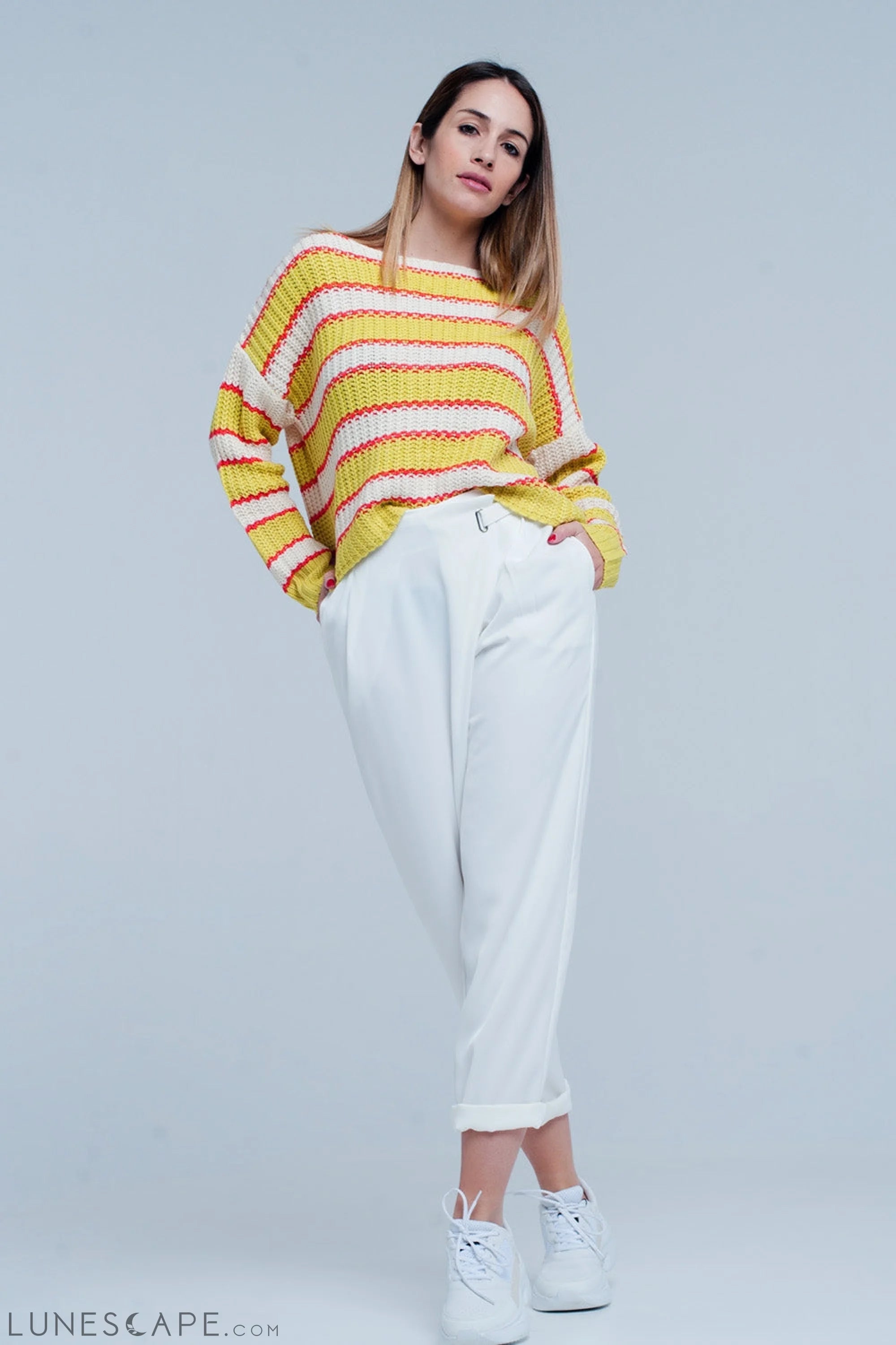 Yellow Striped Rib Stitch Knitted Sweater LUNESCAPE