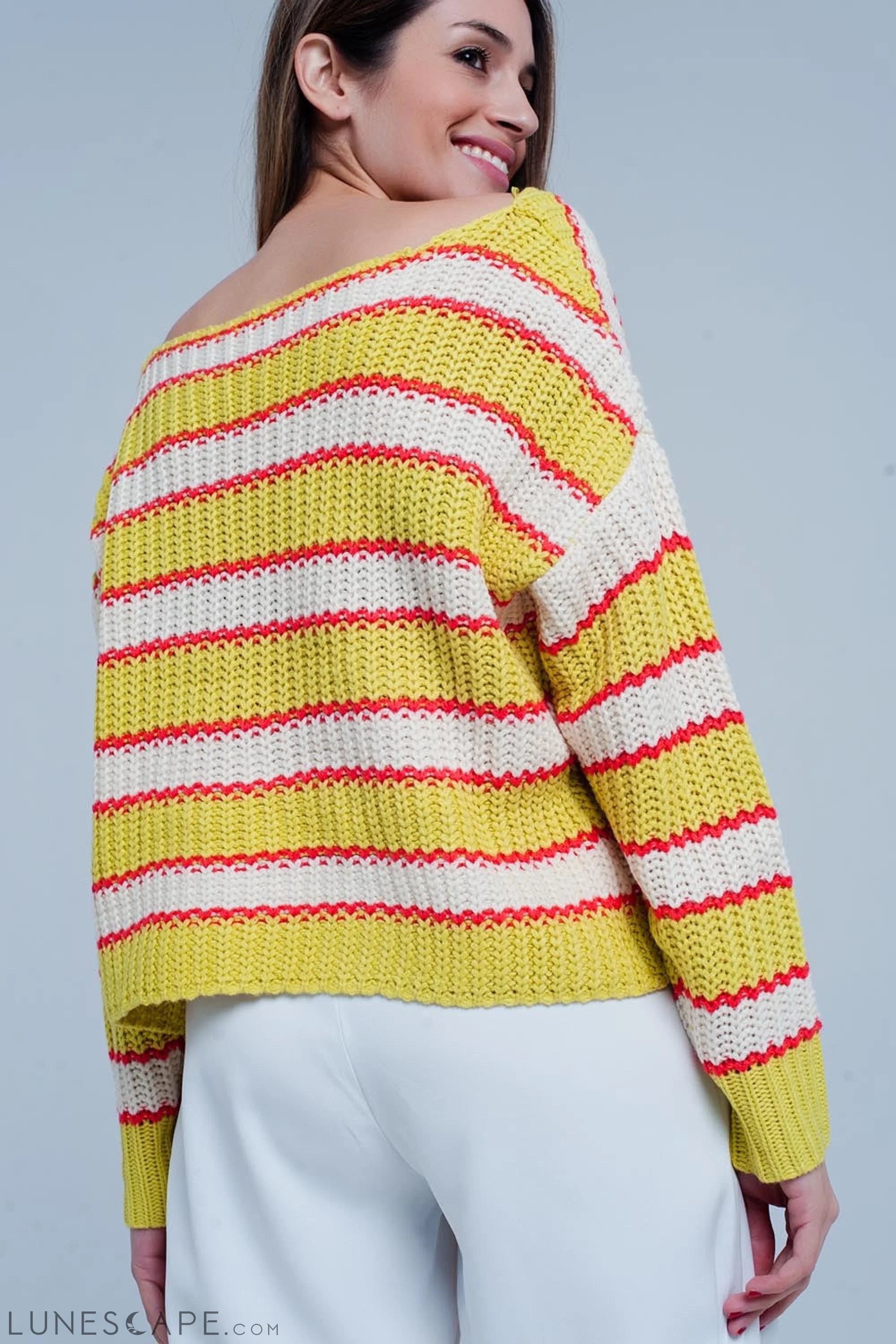 Yellow Striped Rib Stitch Knitted Sweater LUNESCAPE