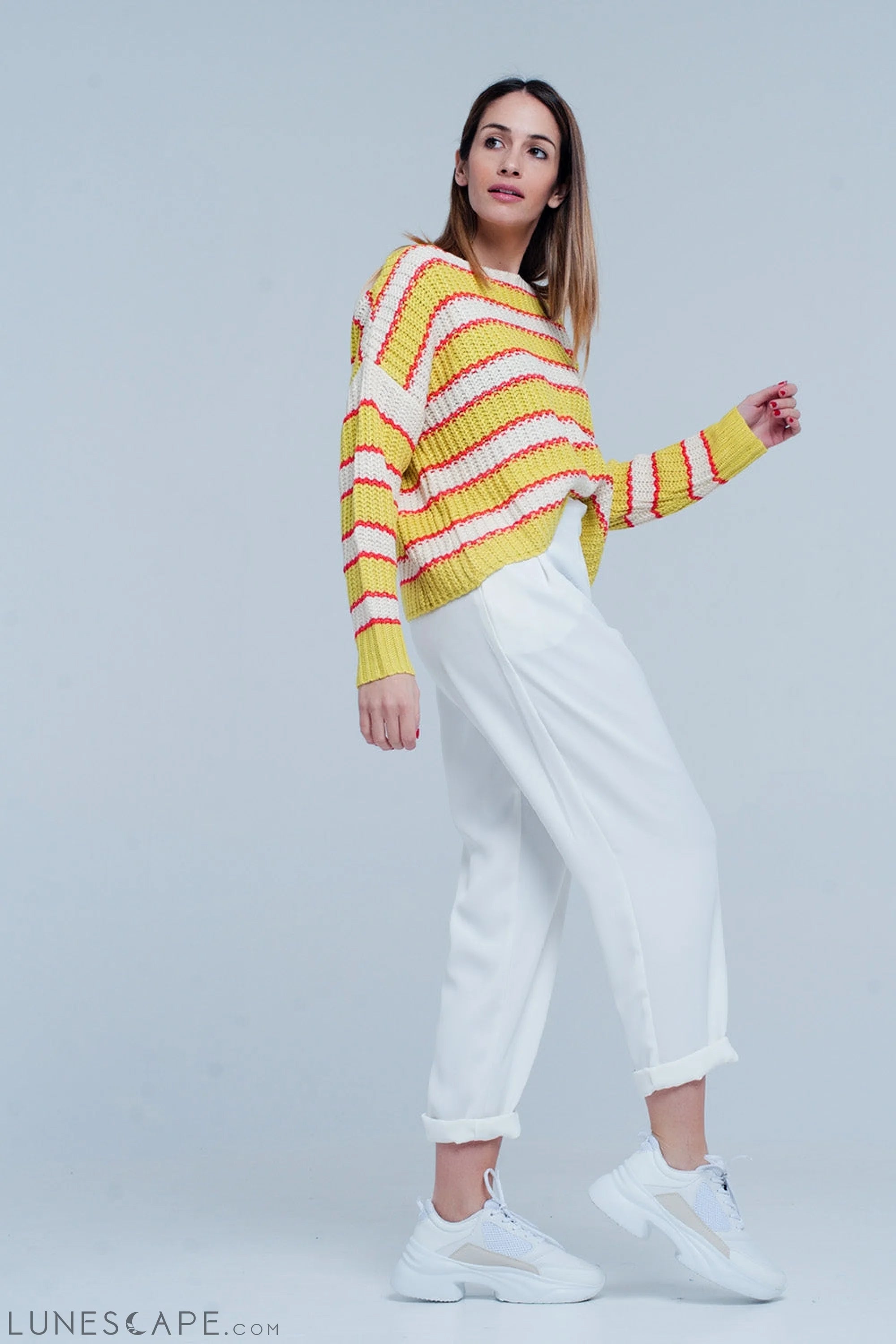 Yellow Striped Rib Stitch Knitted Sweater LUNESCAPE