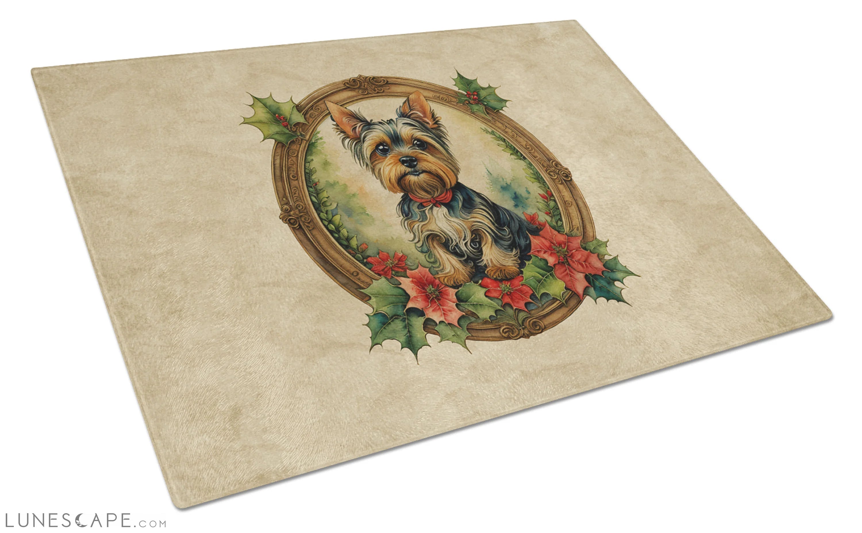 Yorkie Christmas Flowers Glass Cutting Board LUNESCAPE