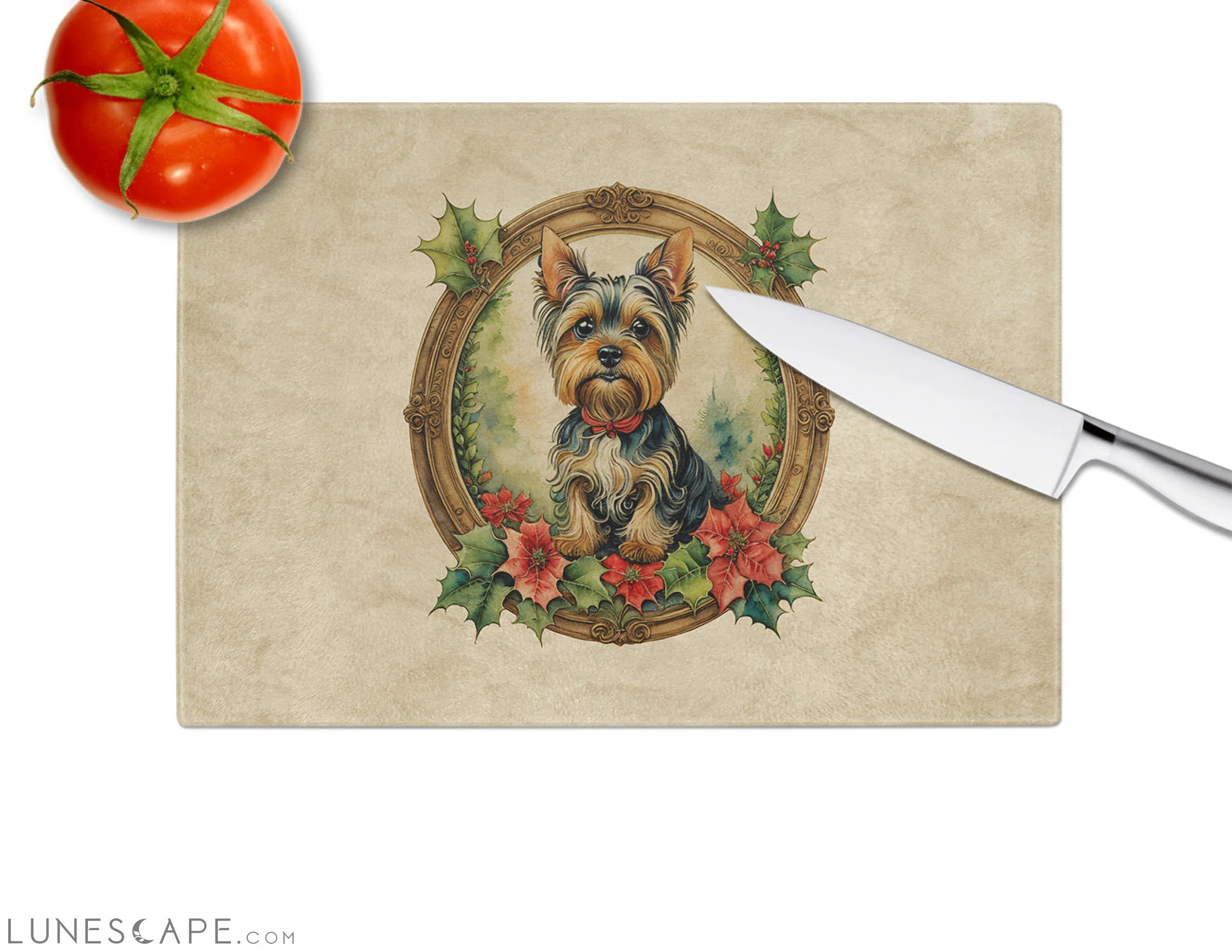 Yorkie Christmas Flowers Glass Cutting Board LUNESCAPE