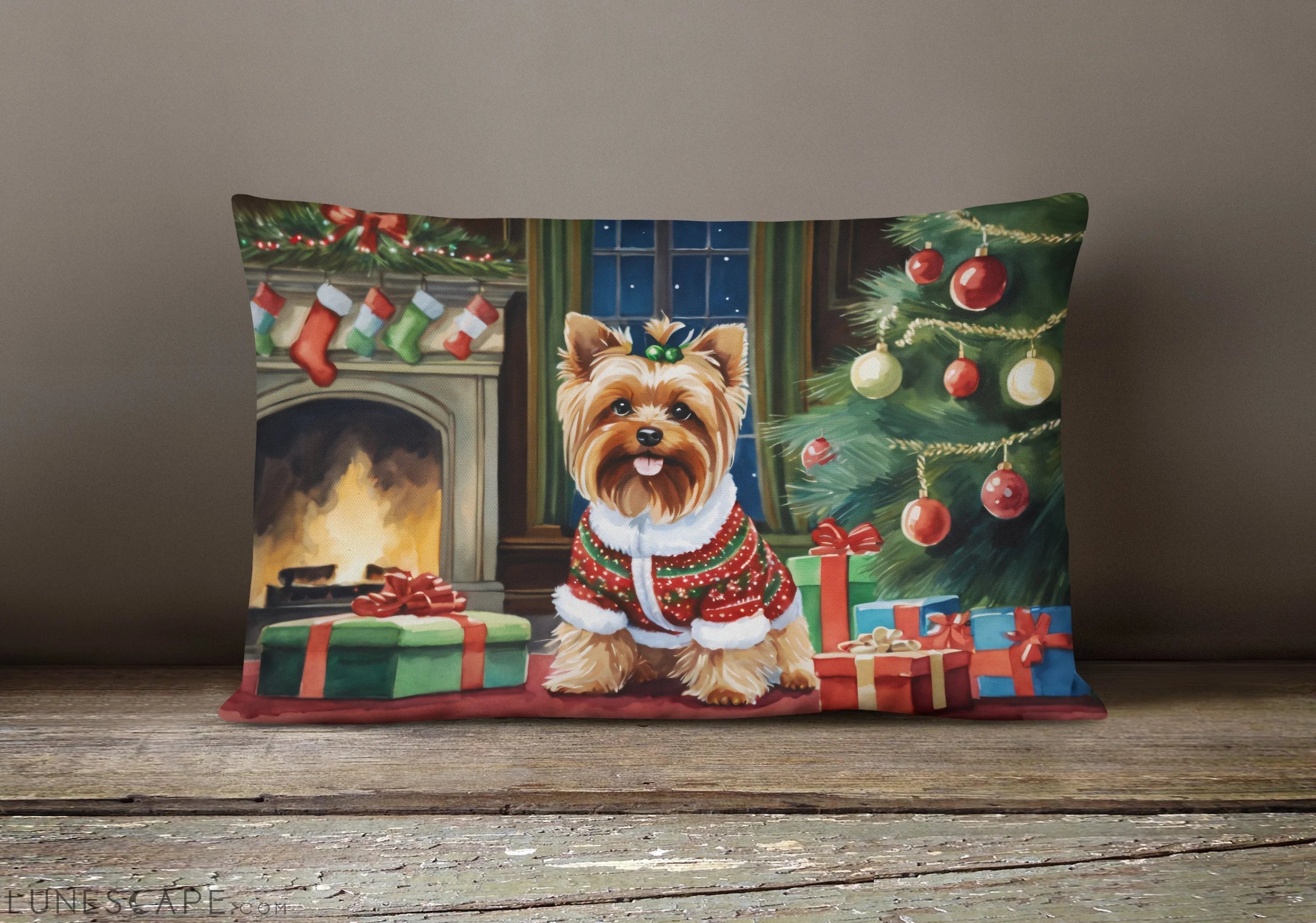 Yorkshire Terrier Cozy Christmas Throw Pillow LUNESCAPE