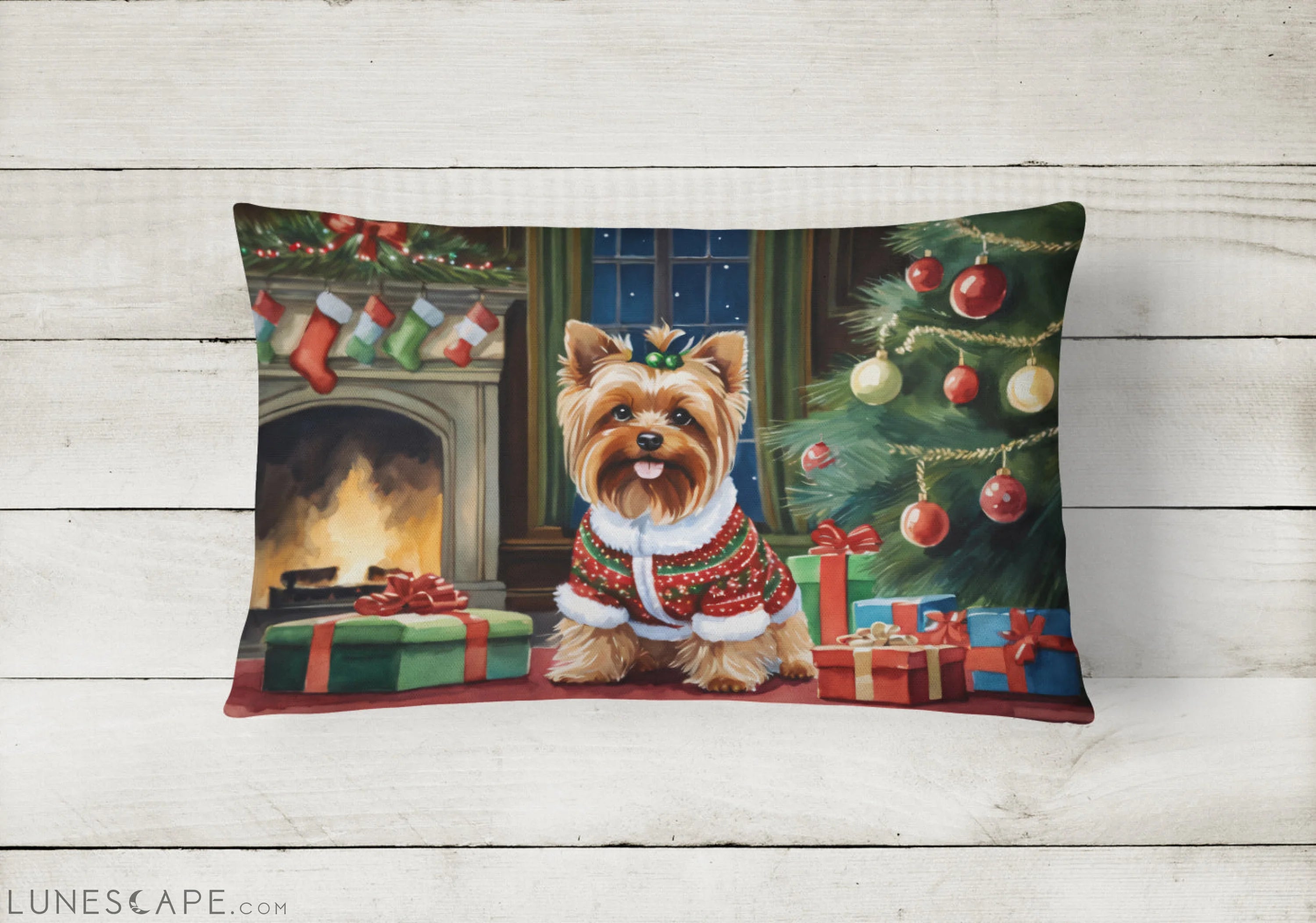 Yorkshire Terrier Cozy Christmas Throw Pillow LUNESCAPE