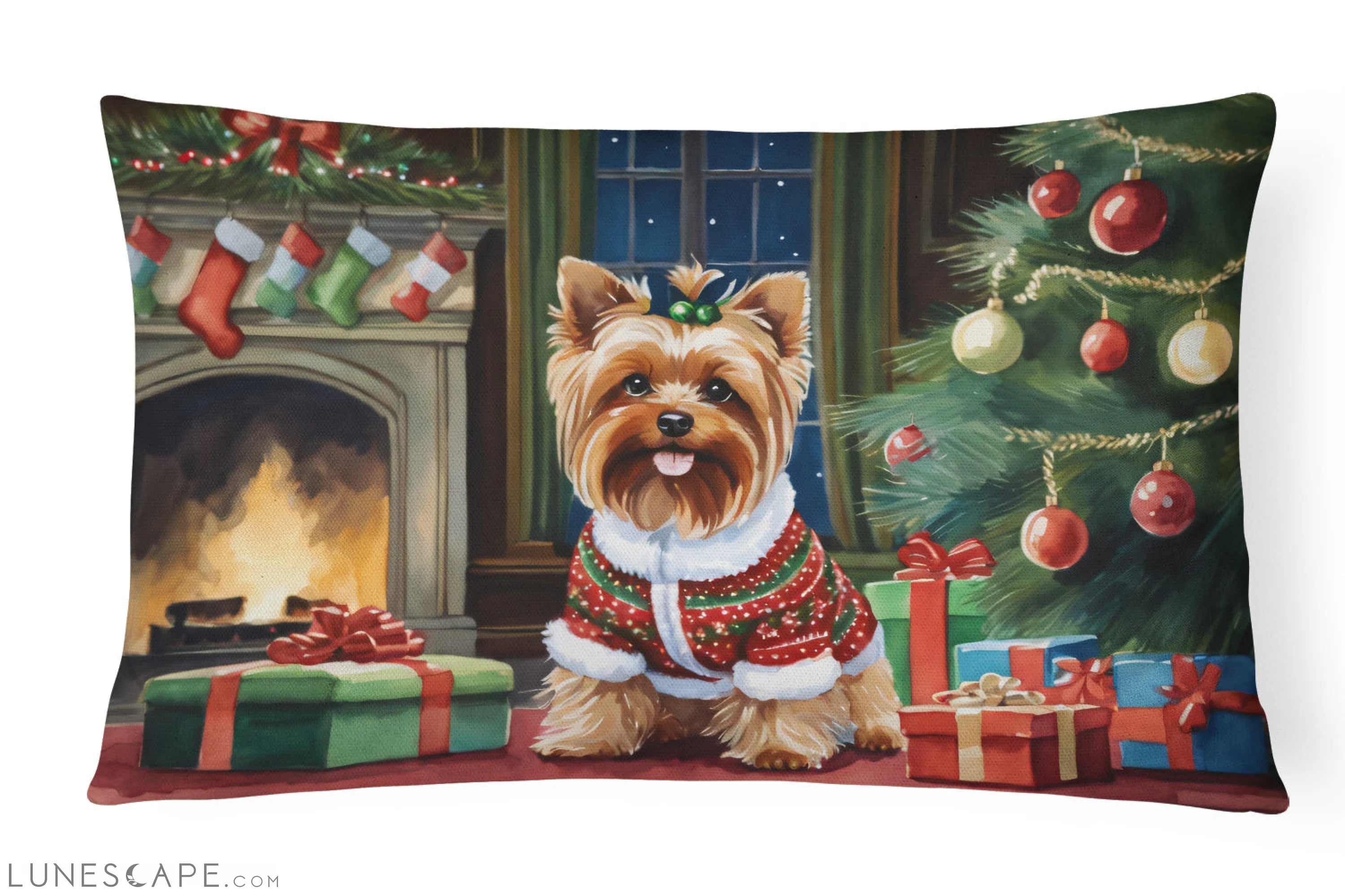 Yorkshire Terrier Cozy Christmas Throw Pillow LUNESCAPE