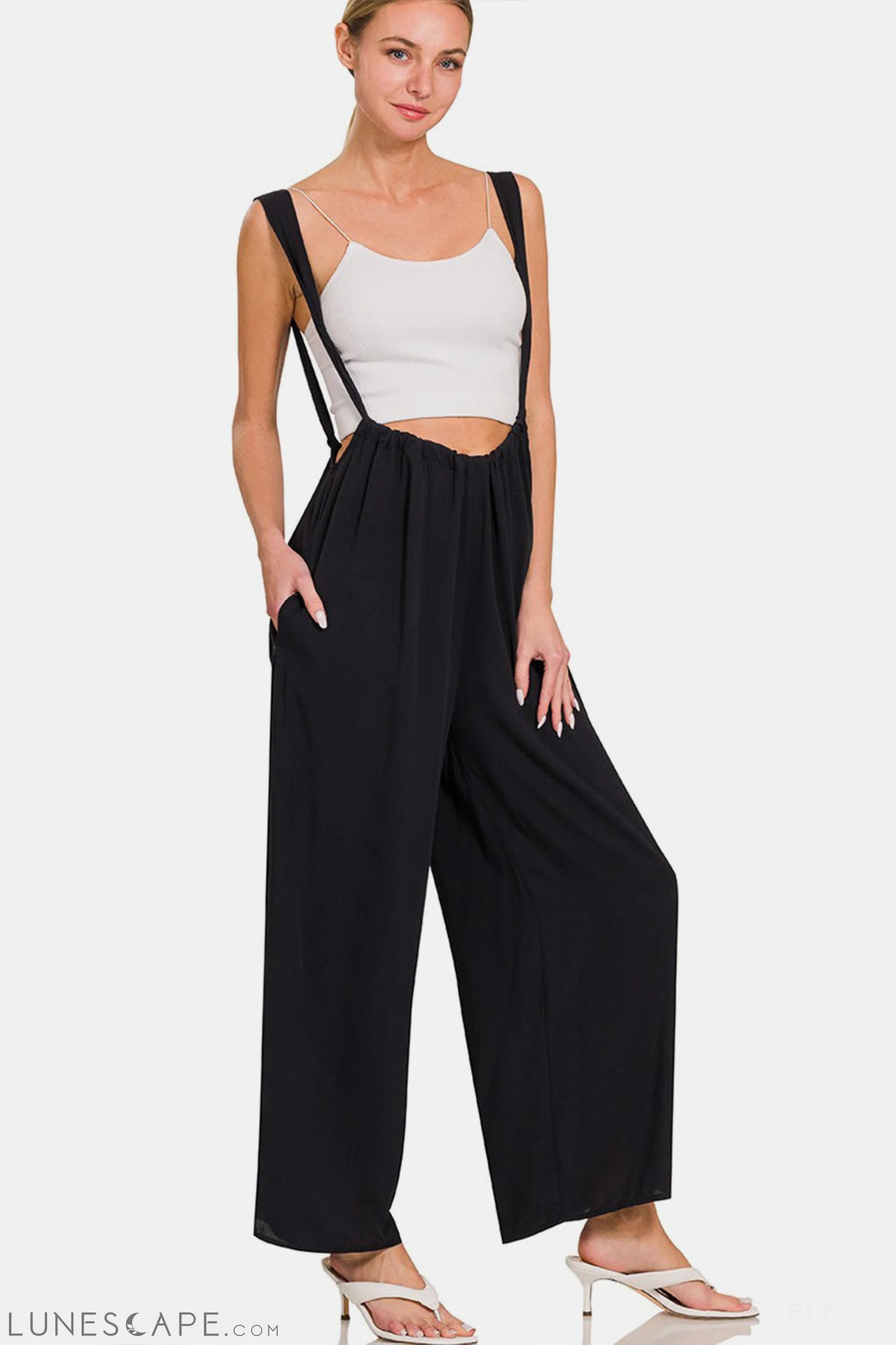 Zenana Tie Back Suspender Jumpsuit with Pockets LUNESCAPE