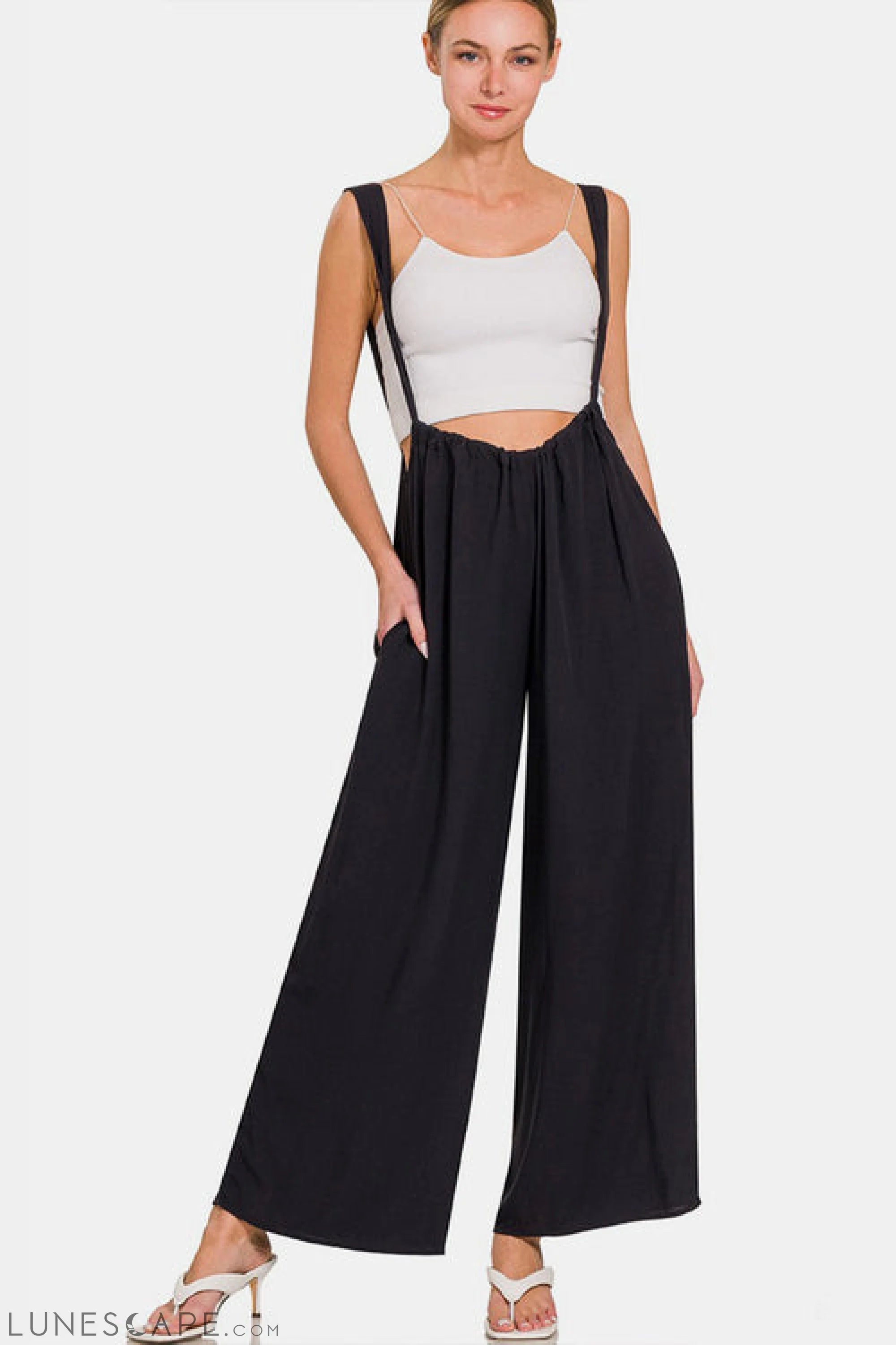 Zenana Tie Back Suspender Jumpsuit with Pockets LUNESCAPE