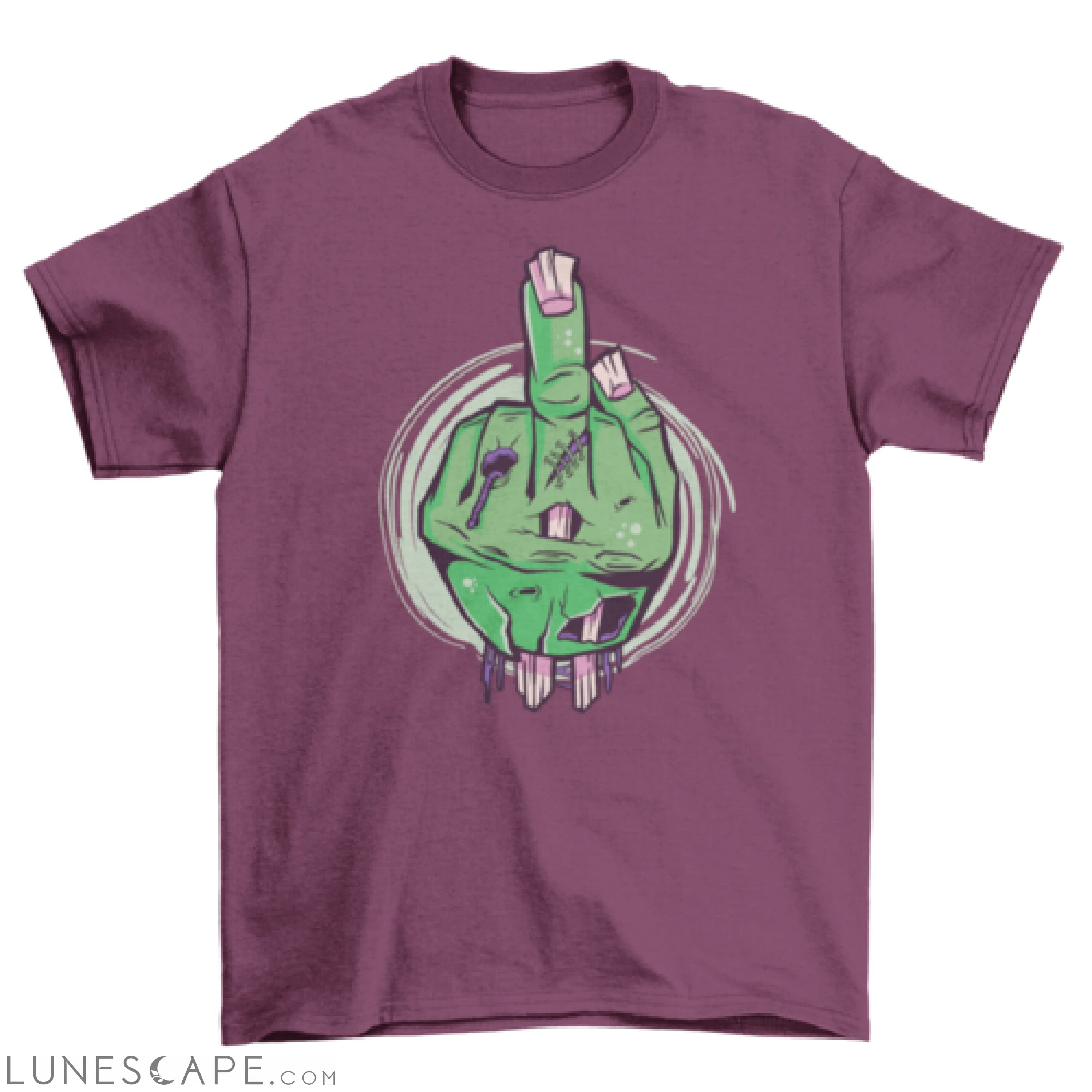 Zombie hand flipping off t-shirt LUNESCAPE