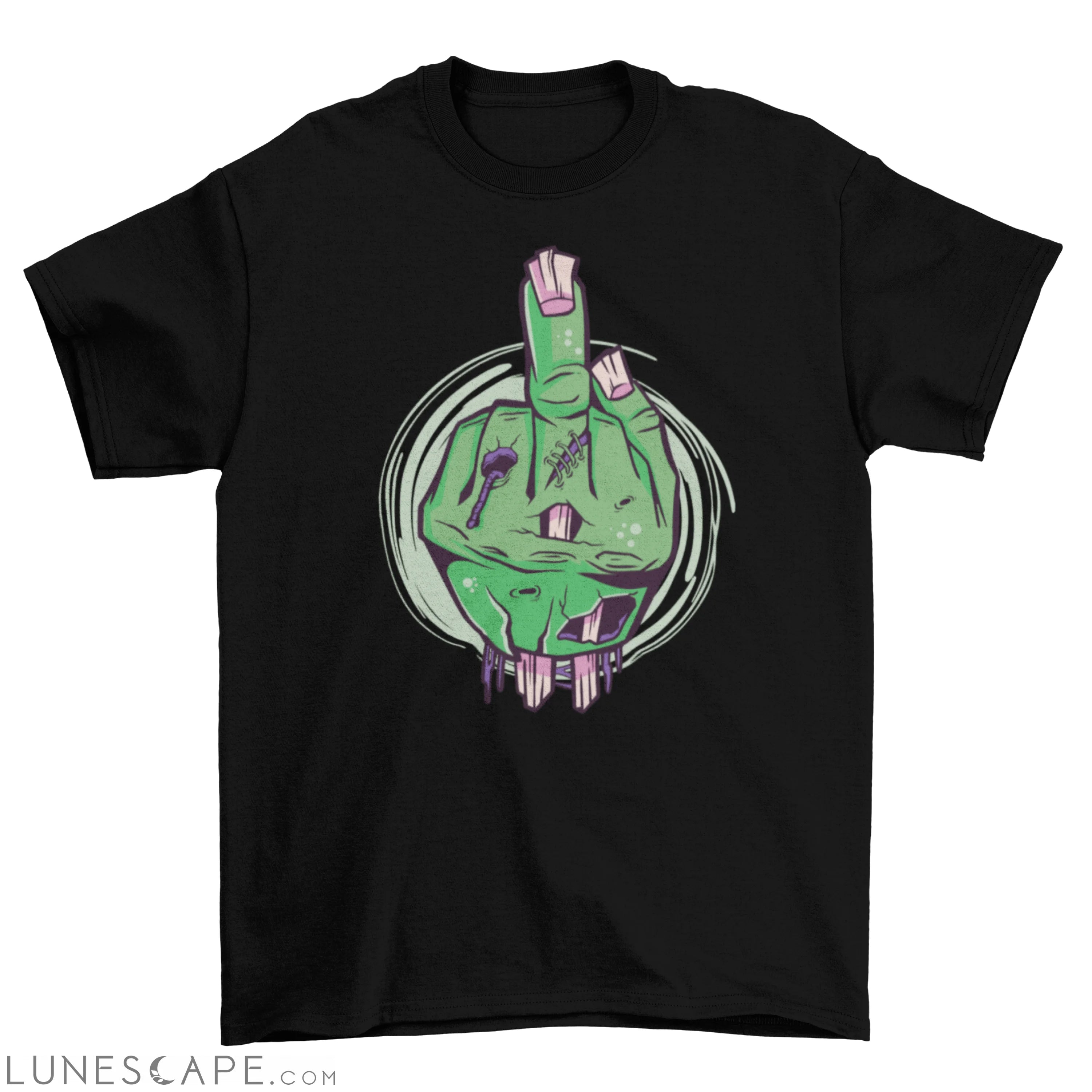 Zombie hand flipping off t-shirt LUNESCAPE